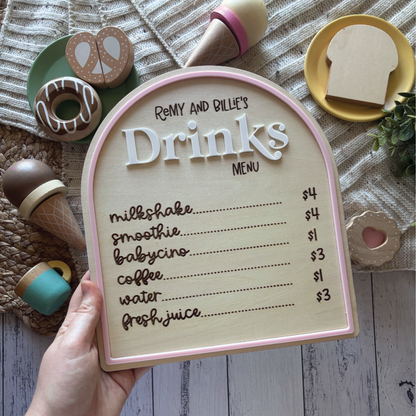 Custom Wooden Play Cafe Drinks Menu