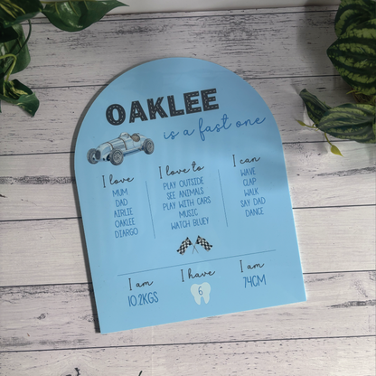 Customisable First Birthday Milestone Board - "... is a fast one" Retro Race Car Theme