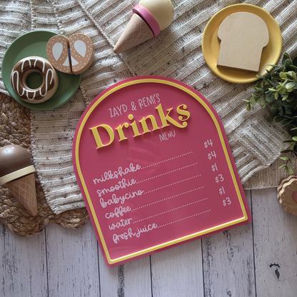 Custom Children's Acrylic Café Drinks Menu