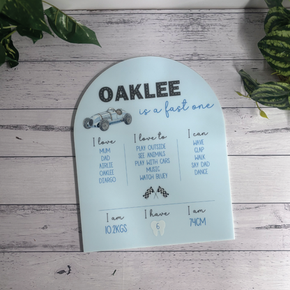 Customisable First Birthday Milestone Board - "... is a fast one" Retro Race Car Theme