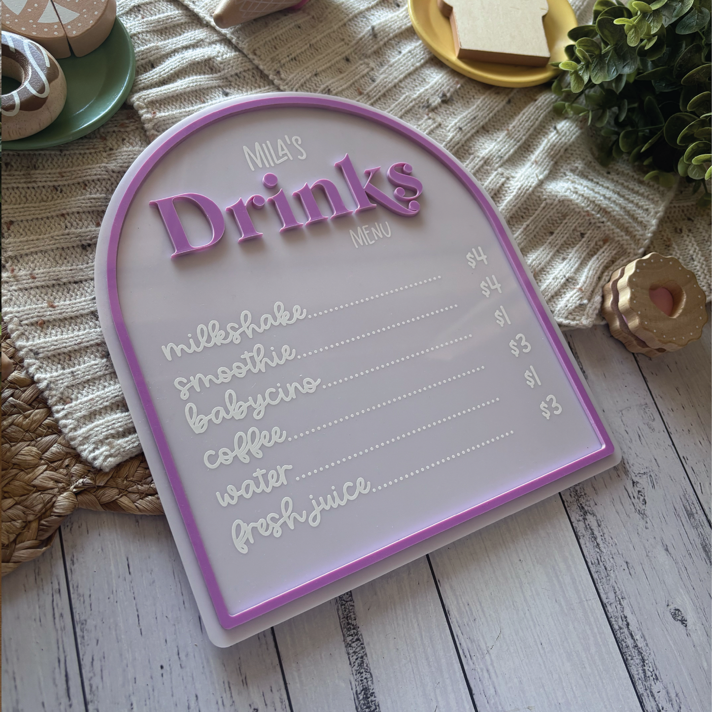 Custom Children's Acrylic Café Drinks Menu