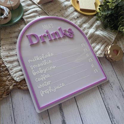 Custom Children's Acrylic Café Drinks Menu