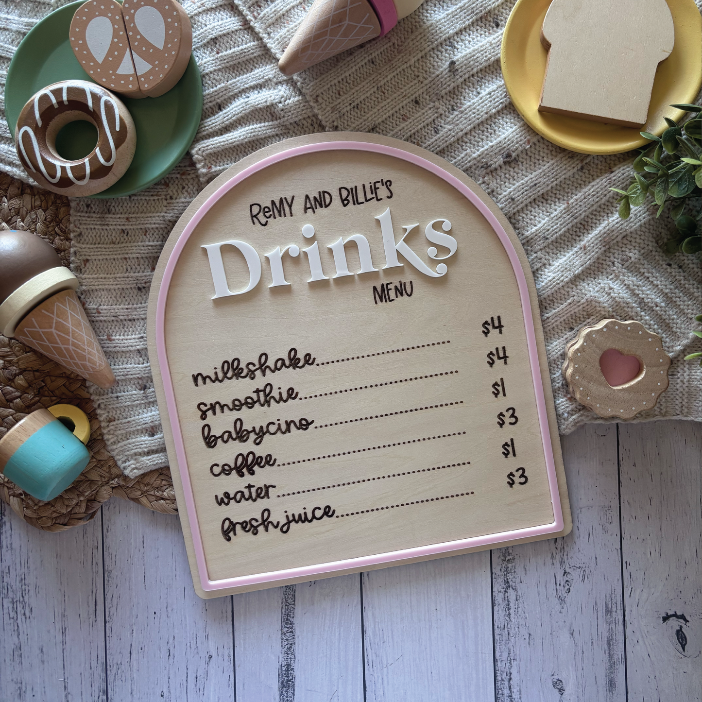Custom Wooden Play Cafe Drinks Menu