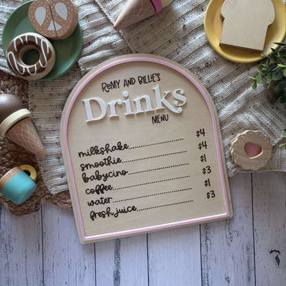 Custom Wooden Play Cafe Drinks Menu