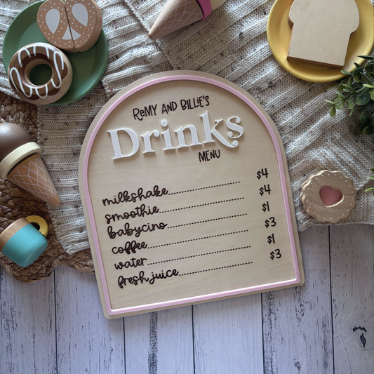 Custom Wooden Play Cafe Drinks Menu