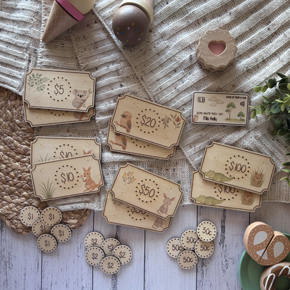 Personalised Aussie Animal Wooden Play Money Set