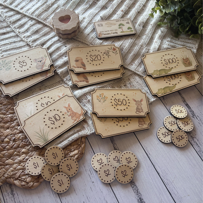 Personalised Aussie Animal Wooden Play Money Set