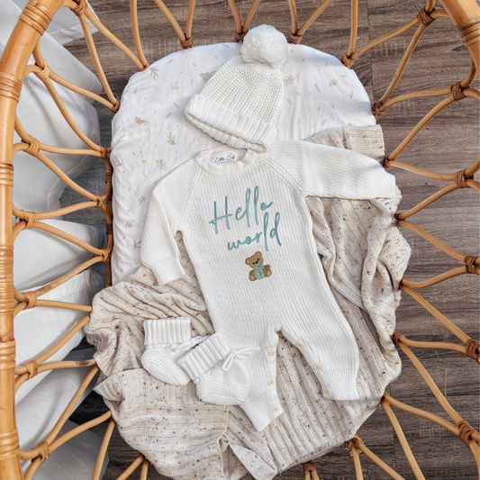 Custom Knitted "Hello World" Bear Romper