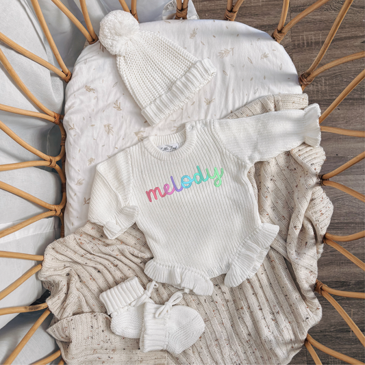 Custom Knitted Rainbow Name Ruffle Romper