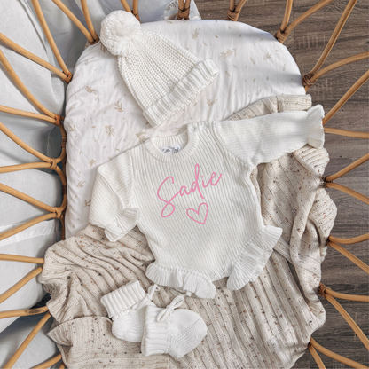 Custom Knitted Name & Heart Ruffle Romper