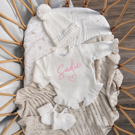 Custom Knitted Name & Heart Ruffle Romper