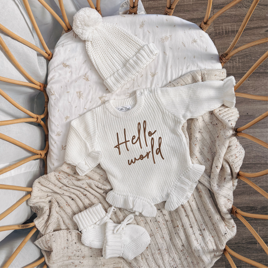 Custom Knitted "Hello World" Ruffle Romper