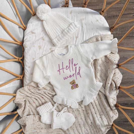 Custom Knitted "Hello World" Bear Ruffle Romper