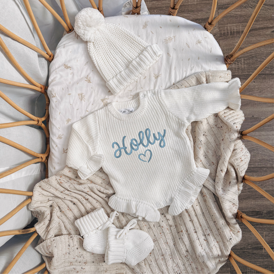 Custom Knitted Name & Heart Ruffle Romper