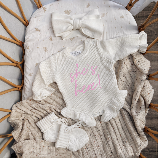 Custom Knitted Announcement Ruffle Romper