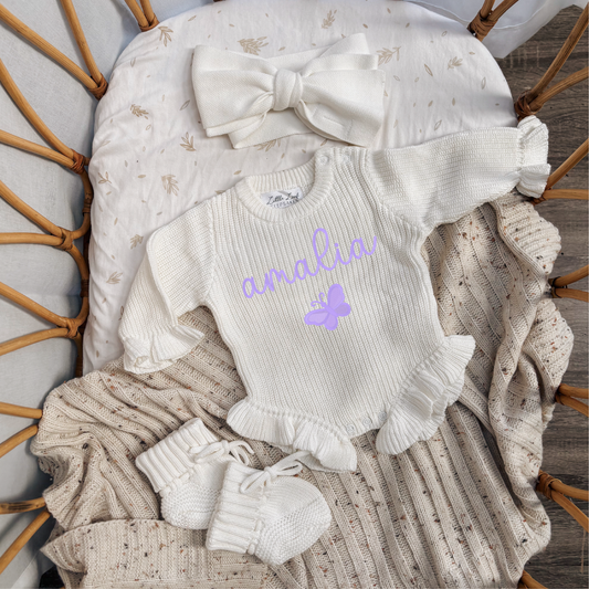 Custom Knitted Name & Butterfly Ruffle Romper