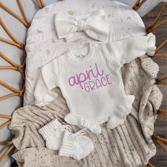 Custom Knitted Two-Name Ruffle Romper