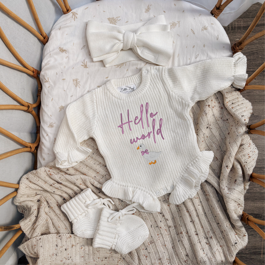 Custom Knitted "Hello World" Ruffle Goose Romper