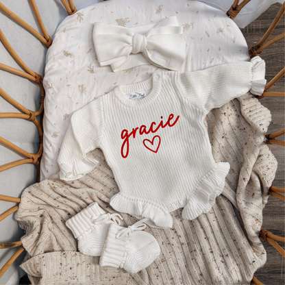 Custom Knitted Name & Heart Ruffle Romper