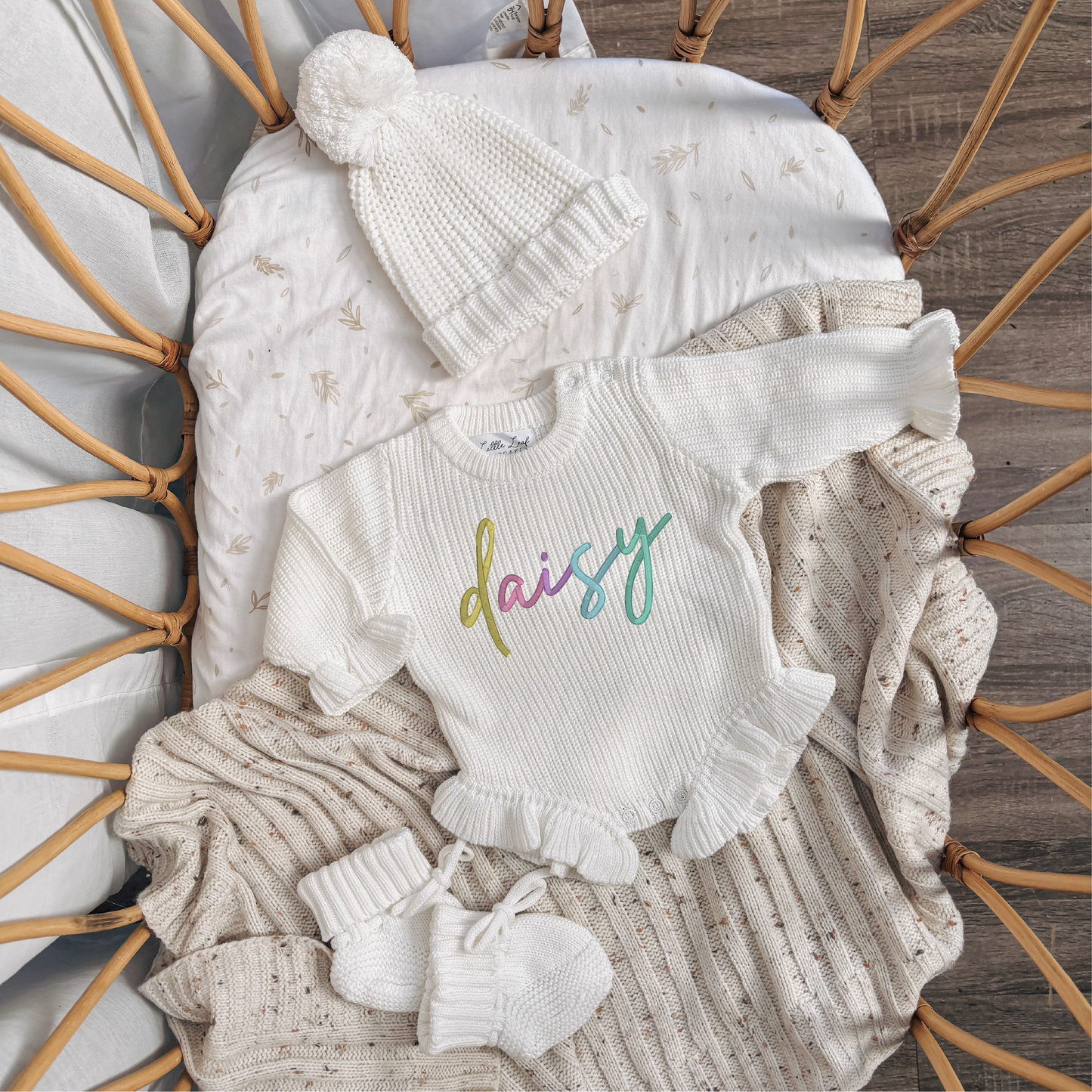 Custom Knitted Rainbow Name Ruffle Romper
