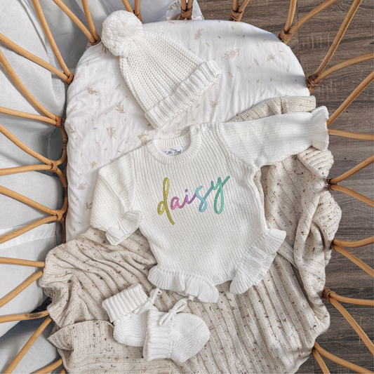 Custom Knitted Rainbow Name Ruffle Romper