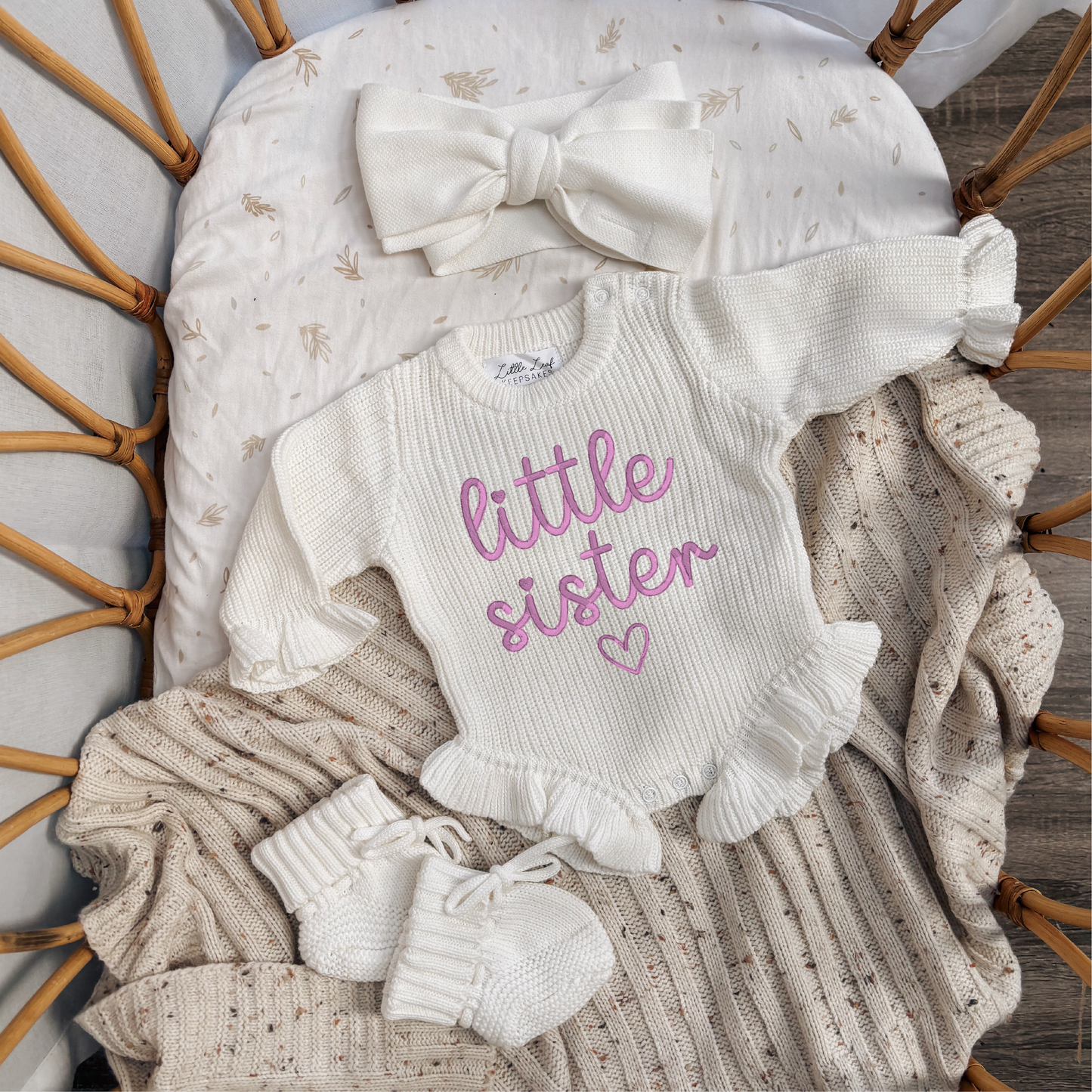 Custom Knitted "Little Sister" & Heart Ruffle Romper