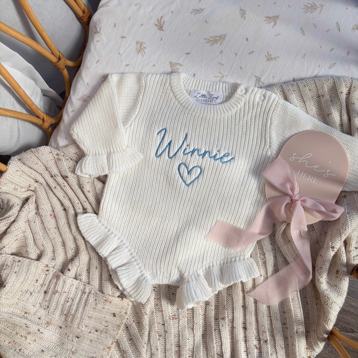 Custom Knitted Name & Heart Ruffle Romper