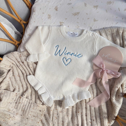 Custom Knitted Name & Heart Ruffle Romper