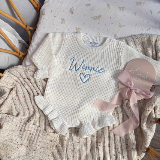 Custom Knitted Name & Heart Ruffle Romper