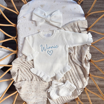 Custom Knitted Name & Heart Ruffle Romper