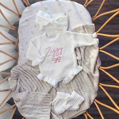 Custom Knitted Name & Bow Ruffle Romper