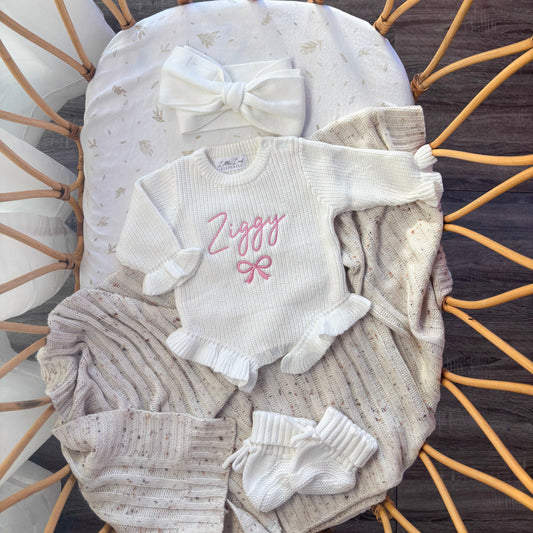 Custom Knitted Name & Bow Ruffle Romper