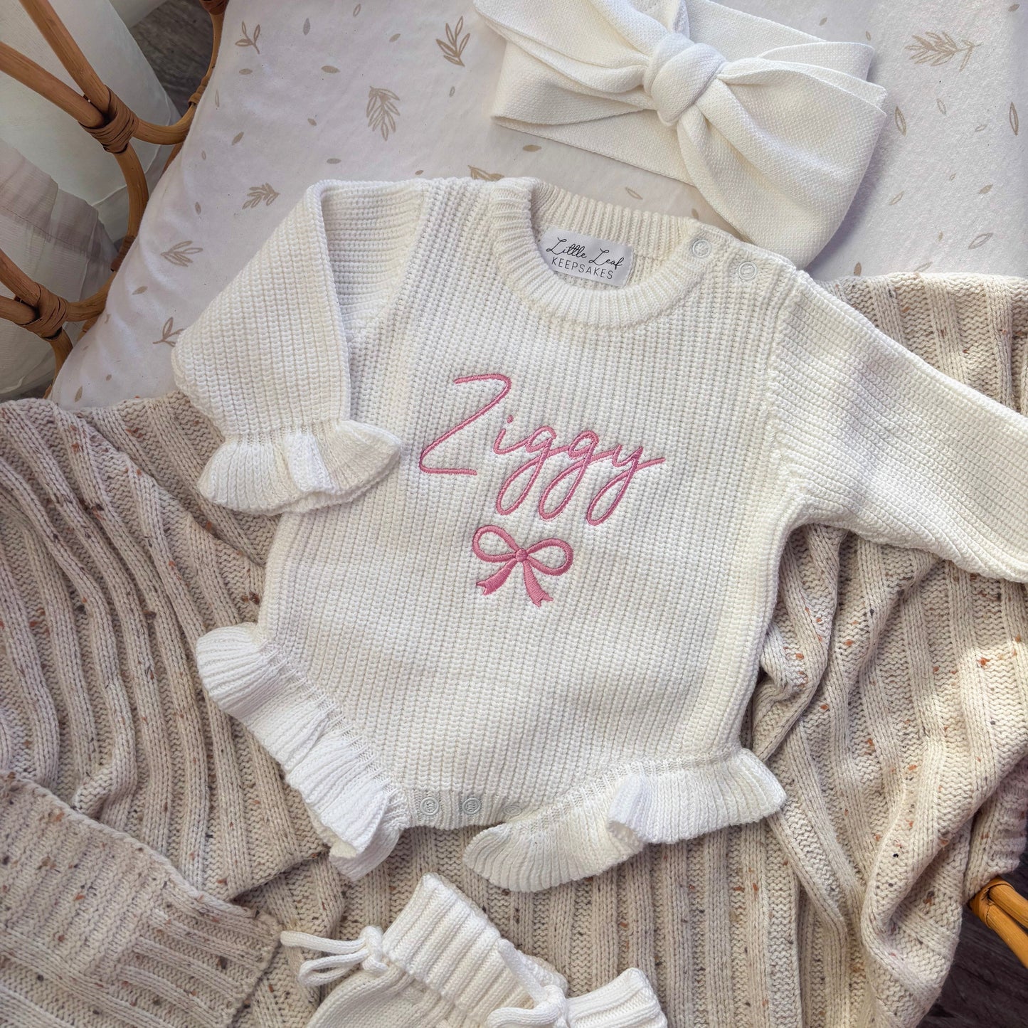 Custom Knitted Name & Bow Ruffle Romper
