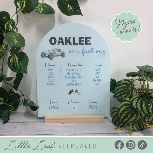 Customisable First Birthday Milestone Board - "... is a fast one" Retro Race Car Theme